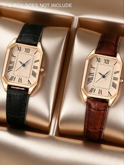 2pcs Women's Quartz Watches Set, Vintage Rose Gold Wrist Watches, Elegant Gift And Accessory Choice. Retro Roman Numeral Dial With Black And Brown Leather Strap, Suitable For Daily Commute, Dating, Shopping Or Gathering With Friends.