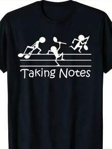 [Funny Music T-Shirt] 100% Cotton Music Lover's T-Shirt | Vintage "Taking Notes" Design, Short Sleeve, Round Neck, Funny Musical Notes, Black, Perfect For Teachers & Music Enthusiasts, Music Gifts - 黑色 - 查看 1
