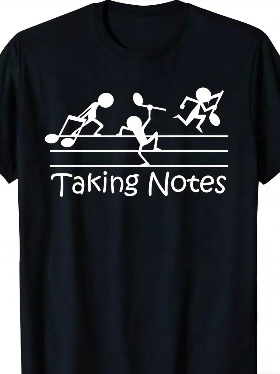 [Funny Music T-Shirt] 100% Cotton Music Lover's T-Shirt | Vintage "Taking Notes" Design, Short Sleeve, Round Neck, Funny Musical Notes, Black, Perfect For Teachers & Music Enthusiasts, Music Gifts - 黑色 - 查看 1