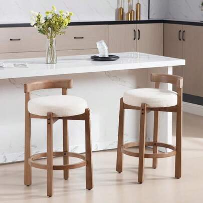 Mid-Century Bar Stools Set Of 2 26.5 Inch Linen Counter Height Upholstered Barstools Bar Chairs With Solid Wooden Legs For Kitchen Island Dining Room Beige