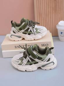 1 Pair Unisex Children's Casual Sports Shoes, Comfortable Non-Slip Durable Lightweight Solid Color Minimalist Running Shoes, Suitable For All Seasons. With Molded Insole, Hook And Loop Closure For Easy Wear, Classic Retro Chunky Sneakers Design, EVA Outsole For Leisure, Campus, Daily Wear, Jogging - Army Green - View 3