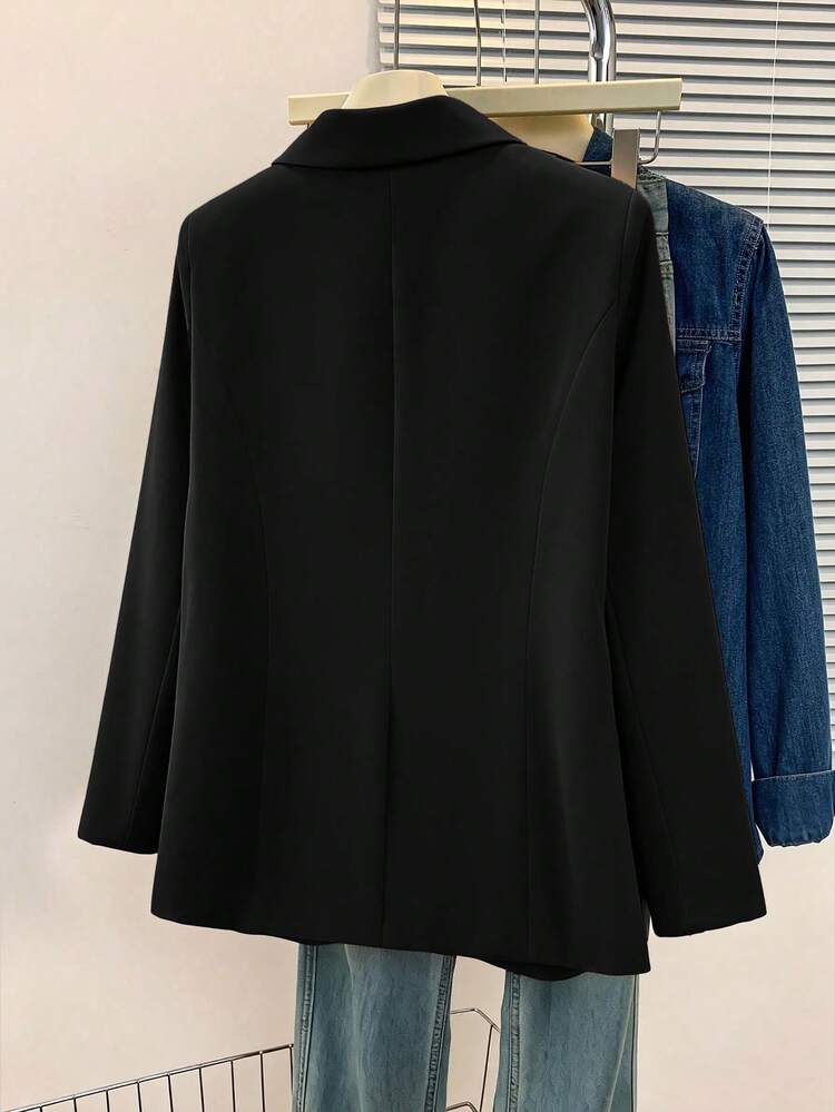 Damen Einfarbige Sakko Jacke mit Kerbelkragen, Knopfverschluss und Taschen, Langarm Büromode, vielseitig für Business und Lässig, geeignet für Herbst, Winter und Frühling Schwarz - Schwarz - Übersicht 5