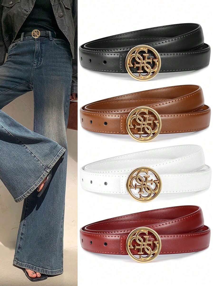 1/2pcs Ladies' Belt Smooth Buckle Belt Korean Fashion Letter V Pants Belt Ladies' Belt Student Campus Versatile Wear Resistant - Multicolor - View 1