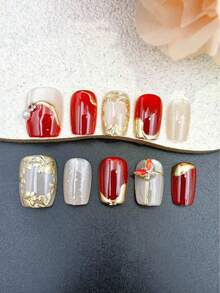10片手工美甲贴纸，红色短梯形，香氛风格，法式美甲，按压式美甲贴纸，适合新年、情人节、UV灯美甲、夏季、日常佩戴，优雅设计，高端法式风格，凝胶抛光