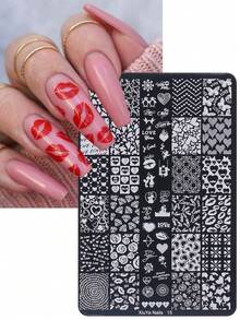 Heart-Shaped Valentine's Day Nail Art Stamping Plate, Lip Print, Flower, Butterfly, Heart Pattern Nail Art Stamp Template, DIY Nail Art, Large Nail Art Template, Nail Art Tools, Women Nail Salon Supplies - Silver - View 6