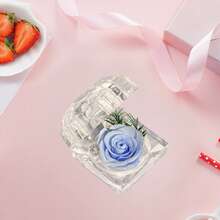 Caja para anillos de San Valentín, joyero de plástico transparente con rosa de flores preservadas de colores. - Azul - Ver 4