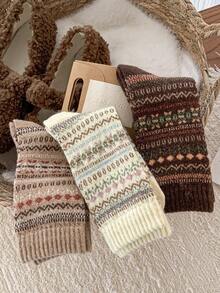 3双装女士加厚长筒袜，复古彩色休闲时尚过膝袜，秋冬款