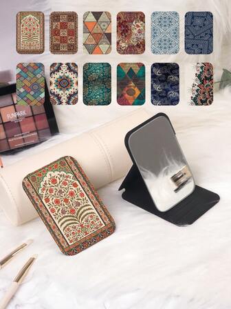 1 szt. Lustro kosmetyczne w stylu boho, składane, lekkie i kompaktowe lusterko ręczne, wytrzymały stojak ze skóry PU, pionowy ekspozytor, odpowiednie na każdą okazję i dla każdego użytkownika, składane kwadratowe lusterko kieszonkowe