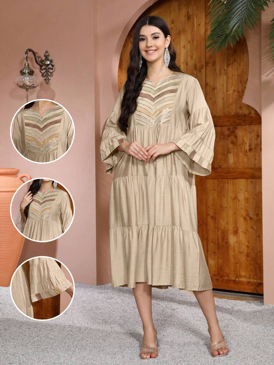 Đầm nữ Ả Rập thanh lịch với họa tiết thêu kim sa vàng, đầm ghép mảnh với tay áo phồng, thời trang và duyên dáng, thiết kế mới nhất cho năm mới, Ramadan 2026 mùa xuân