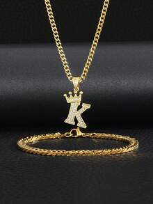 2pcs/Set Classic Gold Stainless Steel Cubic Zirconia Letter Pendant Necklace & Bracelet Jewelry Set, Street Fashion Accessories For Kids - Gold - View 4