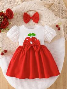 女婴时尚休闲甜美可爱樱桃刺绣蝴蝶结圆领泡泡袖连衣裙，春夏款 - 彩色 - 查看 1