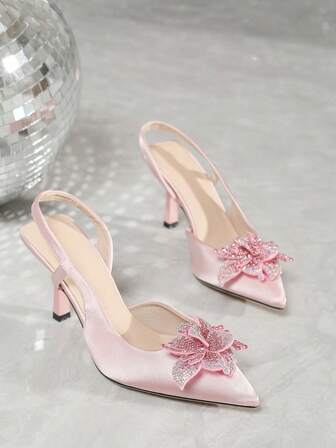 Women's Elegant Rhinestone Decorated Pointed Toe High Heels, Suitable For Spring, Summer And Autumn