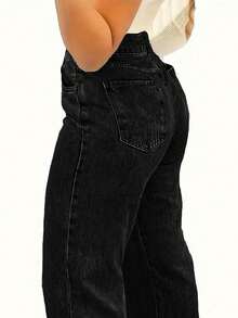 Sweet & Cool Pearl Embellished Washed Straight Leg Jeans - Women's Mid Rise Non-Stretch Denim - Black - View 4