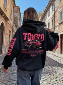 Women's Winter Letter & Car Graphic Print Drawstring Hooded Sweatshirt With Pockets, Casual Loose Multifunctional Style, Suitable For Autumn/Winter Everyday Wear