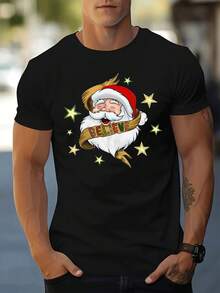 Camiseta con estampado de cara de Santa Claus para hombre (con barba y capucha roja)-impreso con el cartel de "fe de Navidad" dorado de XINGX y patrón, Top Casual de cuello redondo de manga corta, adecuado para regalos de fiesta y ropa durante todo el año (lavable a máquina): el diseño de expresión de sonrisa es adecuado para todas las ocasiones - Negro - Ver 6