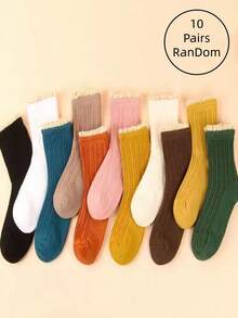 1/5/10 Pairs Women Socks, Random Assorted Solid Color Vertical Stripe Lace Mid-Calf Socks, Versatile Japanese Style, Autumn/Winter