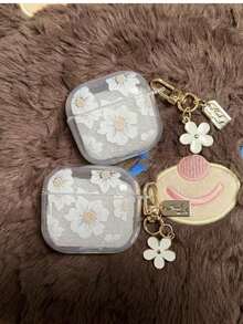 1pc Fashion White Flower Wireless Earphone Case Compatible With AirPods Pro 3/4, Pro 2/Pro/1/2/3, White Flower Keychain Pendant Transparent Protective Case - Shock-Proof Soft Thin Wireless Earphone Protective Case, Ideal Gift For Girlfriend - White Chrysanthemum - View 7