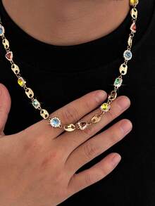 1 pieza Collar de cristal geométrico multicolor vintage y lujoso, collar de cadena geométrica personalizado para hombres, accesorio de atuendo diario y de fiesta, collar para parejas, regalo para vacaciones - Collar geométrico de diamantes de imitación - Ver 11