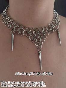 1 件几何圆形环绕锥形吊坠项链，带铆钉尖刺，多层朋克哥特式银项链，适合男女，日常佩戴或派对 - 銀色 - 查看 4