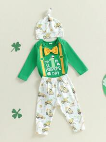 Conjuntos de ropa irlandesa para bebé niño, mono de manga larga con estampado de trébol, pantalones y gorro, 3 piezas - Verde - Ver 2