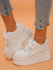 Women's Platform Sneakers, Solid Color Casual Outdoor Lace-Up Lightweight Soft Bottom Elevator Shoes, Fashion Versatile Leisure Ladies Shoes For Outdoor,Trainers Women - White - View 6