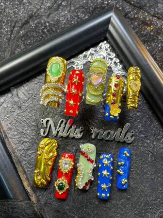 10pcs Long Square Nail Set, Handmade Nail ArtStickers,3D Three-Dimensional Nail Rhinestone Steel Ball Accessories, Colorful Shiny Nail Gems, Metal&Red&Blue&Green Blue French Tip Nails Y2k Style Wearable NailArt Set 3D Water Droplet Design Suitable For Women To WearDaily Parties (With: A Piece Of JellyGlue And A Friction Strip) Nail SuppliesNails