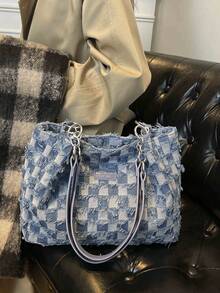 Sac fourre-tout pour femmes, sac à bandoulière en canevas à carreaux bleus, sac à main souple de grande capacité, mode et minimaliste, convient pour le shopping et les déplacements - Bleu azur - Voir 4