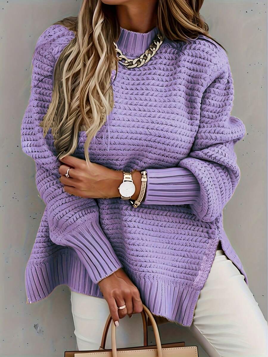 Oversized Textured Mock Neck Sweater (Multiple Colors),Relaxed-Fit Ribbed Trim Sweater With Side Slits,Chunky Knit Mock Neck Sweater (Bold & Neutral Hues)-Women's Sweaters - Women's Long-Sleeved Tops - Women's Winter Clothing - Knitted Sweaters - Christmas Clothing - Màu tím - Xem 1
