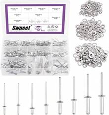 Swpeet - Juego de 560 remaches plateados de 3/32 pulgadas, 1/8 pulgadas, 5/32 pulgadas, 3/16 pulgadas, surtido de remaches con arandelas de respaldo de acero inoxidable, remaches ciegos de aluminio - Plateado - Ver 9