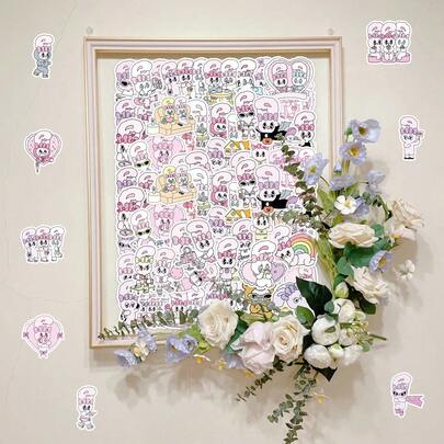 50枚 かわいい動物漫画ステッカー、ソフトパステルピンクのウサギデザイン、スマホ、封筒、スクラップブッキングの装飾ステッカー