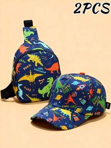 2 piezas Conjunto de gorras de béisbol con estampado de dinosaurios de dibujos animados para niños, disponible en patrón de dinosaurio de dibujos animados negro y patrón de dinosaurio espacial de dibujos animados azul, sombrero de sol detallado y fantástico, práctico y ligero, regalo ideal para cumpleaños y vacaciones, adecuado para niños y niñas para uso casual, al aire escolar en primavera y verano - Multicolor - Ver 2