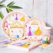 1 Set Princess Theme Party Supplies, Including 8 Disposable Plates, Napkins, Cups, Tablecloth And Hanging Flags, Suitable For Birthday, Wedding, Family Picnic - Multicolor - View 3