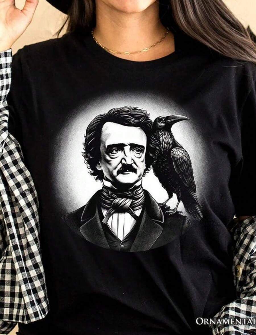 Edgar Allan Poe Spooky Portrait T-Shirt, Horror Villain Theme Halloween Tee - 黑色 - 查看 1