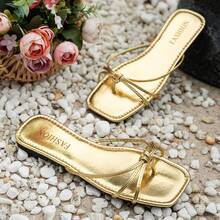 Women's Flat Sandals, Fashion Versatile Square Toe Slip-On Comfortable Beach Slippers, Summer - Gold - View 5