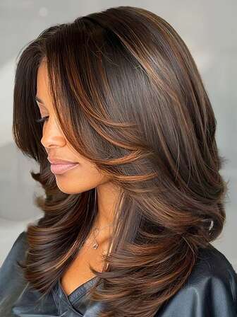 [Cabello elegante] Peluca sintética recta de color marrón con reflejos y capas, de alta calidad sin pegamento, resistente al calor, para uso diario de mujeres