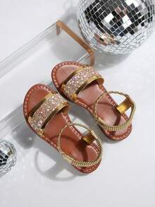 儿童金色亮片凉鞋，女童露趾软底亮片装饰休闲拍照鞋 - 香檳色 - 查看 5