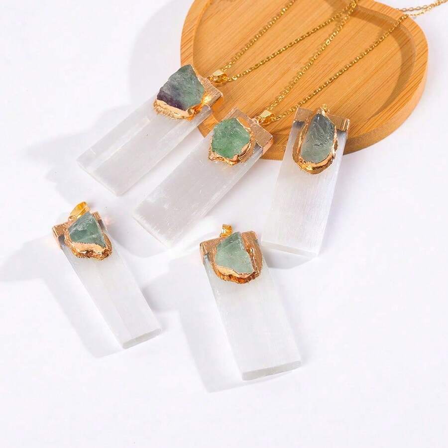 Natural Irregular Crystal Raw Stone Pendant Jewelry, White Gypsum Inlay Fluorite Necklace, DIY Pendant - 彩色 - 查看 1