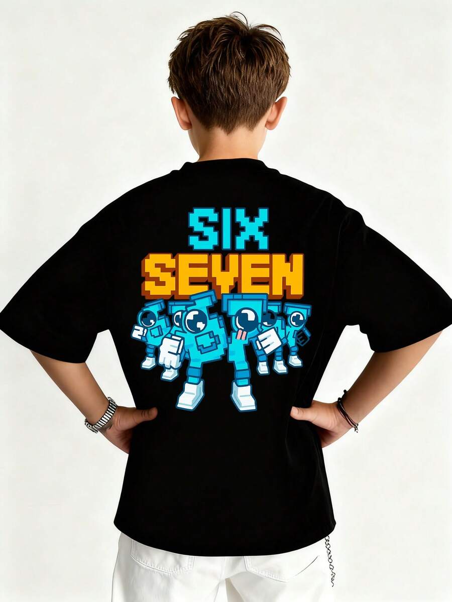 Boys & Teens Casual Printed Crew Neck Short Sleeve T-Shirt, Summer Top - Black - View 1