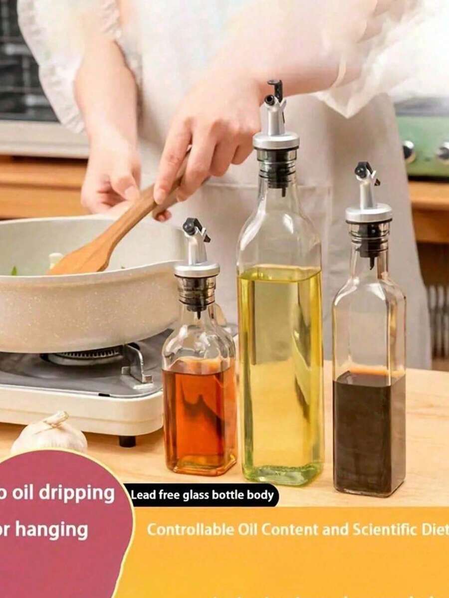 1pc Glass Oil And Vinegar Bottle - Leak-Proof Spout Seasoning Bottle, Olive Oil And Vinegar Bottle With Funnel, Square Design, Suitable For Olive Oil, Seasonings - Durable, Space-Saving, Kitchen Household Condiment Bottle, Portable, Great For Cooking - Multicolor - View 1