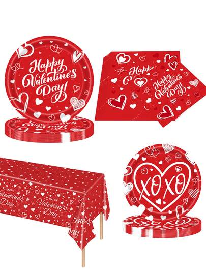 لوازم أطباق قلب أحمر لحفلة عيد الحب - أدوات مائدة حفلة ورقية قابلة للتخلص منها أطباق وفوط وشوك لعيد الحب وعيد الميلاد والزفاف
