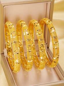 4pcs Set African/Arabic Style Hollow Fashion Bracelet, Gold-Plated Copper Material, Anti-Rust And Non-Fading - Elegant Women's Bracelet, Gold Alternative, Suitable For Daily Wear, Birthday, Party And Ramadan - Gold - View 6