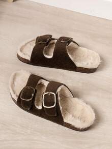 Pantofole casual da donna per autunno/inverno, con fodera termica morbida e calda, chiusura regolabile con doppia fibbia, adatte per uso interno ed esterno - Castano - Visualizzare 6