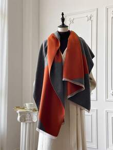 1 pieza Bufanda de punto jacquard geométrico, cálida y versátil para mujeres, adecuada para salas con aire acondicionado, otoño/invierno, accesorio de moda, calentador de cuello, chal, regalo - gris naranja - Ver 2