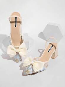 White Bowknot Mesh High Heel Mules, Pointed Toe Lace Embroidery Slip-On Sandals, Thin/Thick Heels - Blue - View 2