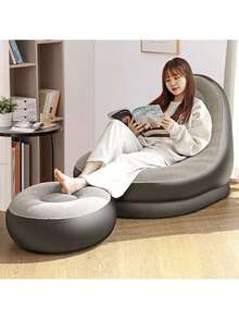 加厚充气沙发床，便携式充气休闲沙发椅及脚凳套装，户外可折叠天鹅绒躺椅沙发带脚凳，午睡沙发带脚凳