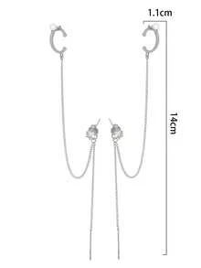 1 对银色简约时尚长流苏锆石耳夹耳环女士款 - 銀色 - 查看 5