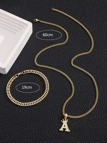 2pcs/Set Classic Gold Stainless Steel Cubic Zirconia Letter Pendant Necklace & Bracelet Jewelry Set, Street Fashion Accessories For Kids - Gold - View 9