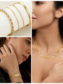 ORAZIO 8/9/11 Pcs Gold Jewelry Set For Women Dainty 14k Gold Plated Chunky Hoop Earrings Bracelets Stack Herringbone Necklace Fashion Costume Accessories Women's Jewelry Set - 金色 - 查看 4