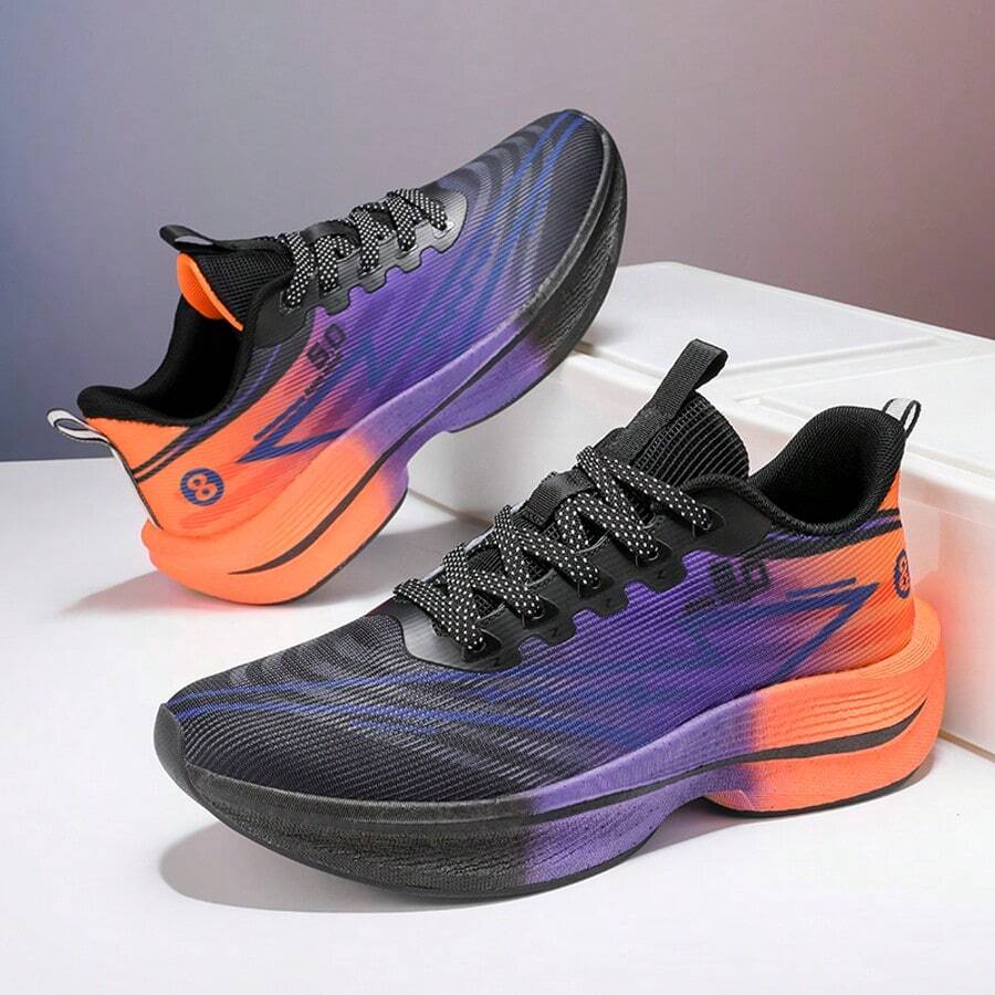 Women's White And Purple Geometric Grip Control Road Running Shoes - Lightweight All-Weather Sports Shoes With Cushioned EVA Insoles And Non Slip Rubber Soles, Suitable For Fitness Centers, Jogging, Walking, Breathable Ultra-Fine Fiber Uppers - Fashionable Women's Sports Shoes - 黑紫 - 查看 1