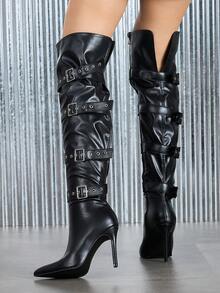 Women's Pointed Toe Side Zipper Autumn/Winter Boots, Leather Boots, Slip-On Pull-On Over-The-Knee Boots, Waterproof Platform Buckle Sexy Nightclub Pants Boots, Party Banquet Over-The-Knee Boots, Leather/PU Boots, Black Boots - Black - View 3